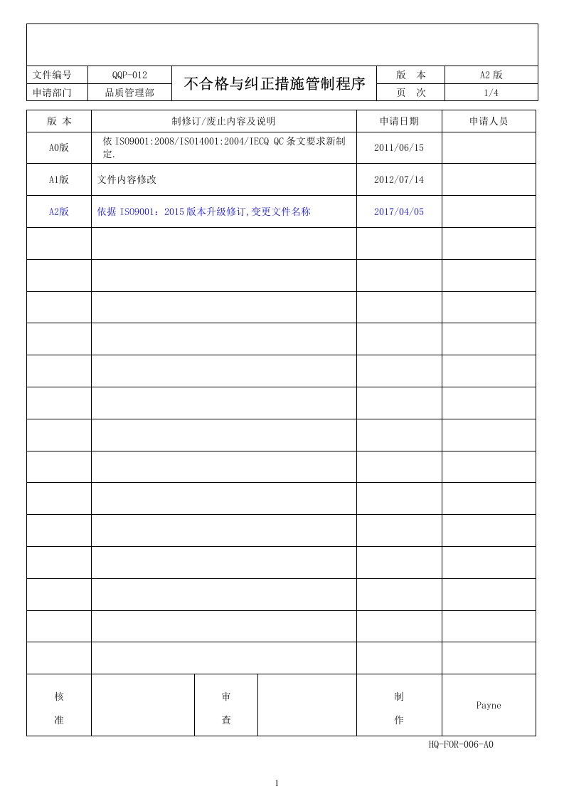 ISO9001：2015-不合格与纠正措施管制程序