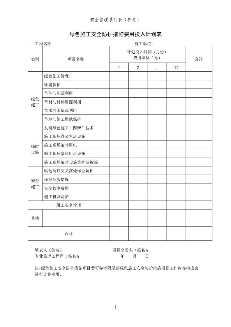 绿色施工安全防护措施费用投入计划及登记表