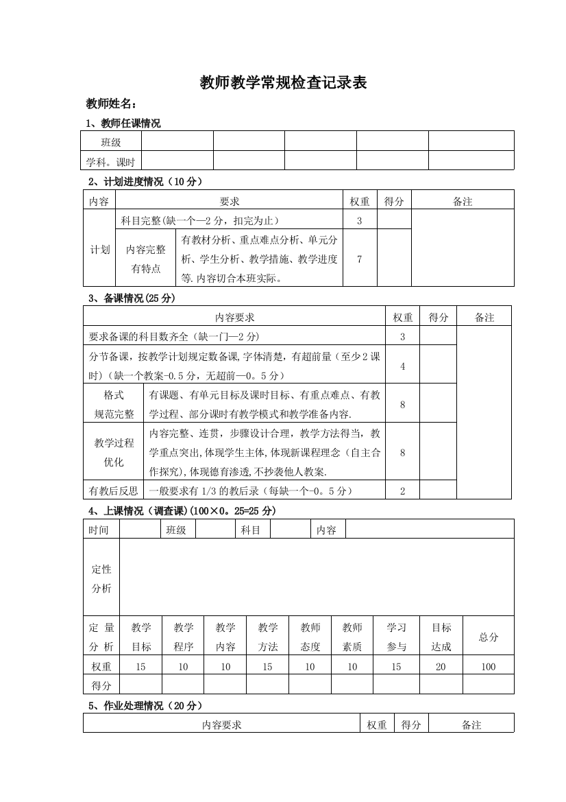 教师教学常规检查记录表