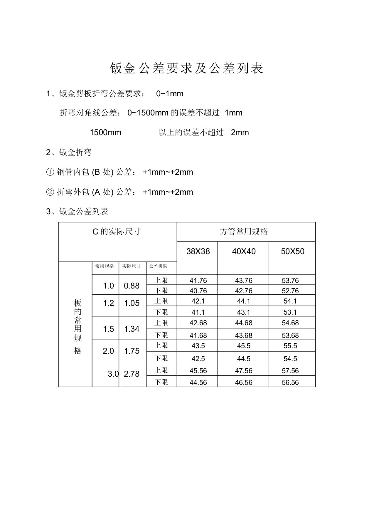 钣金公差要求及公差列表