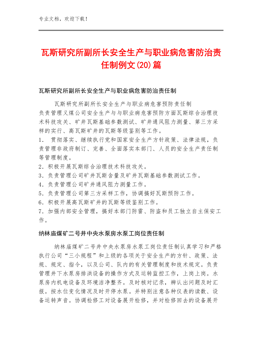 瓦斯研究所副所长安全生产与职业病危害防治责任制例文(20)篇