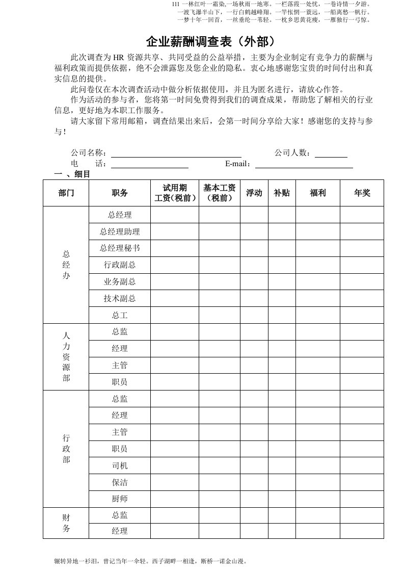 企业外部薪酬调查表