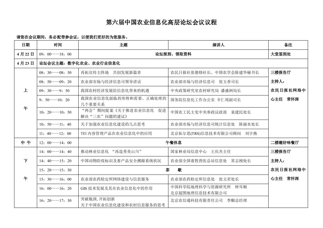 第六届中国农业信息化高层论坛会议议程