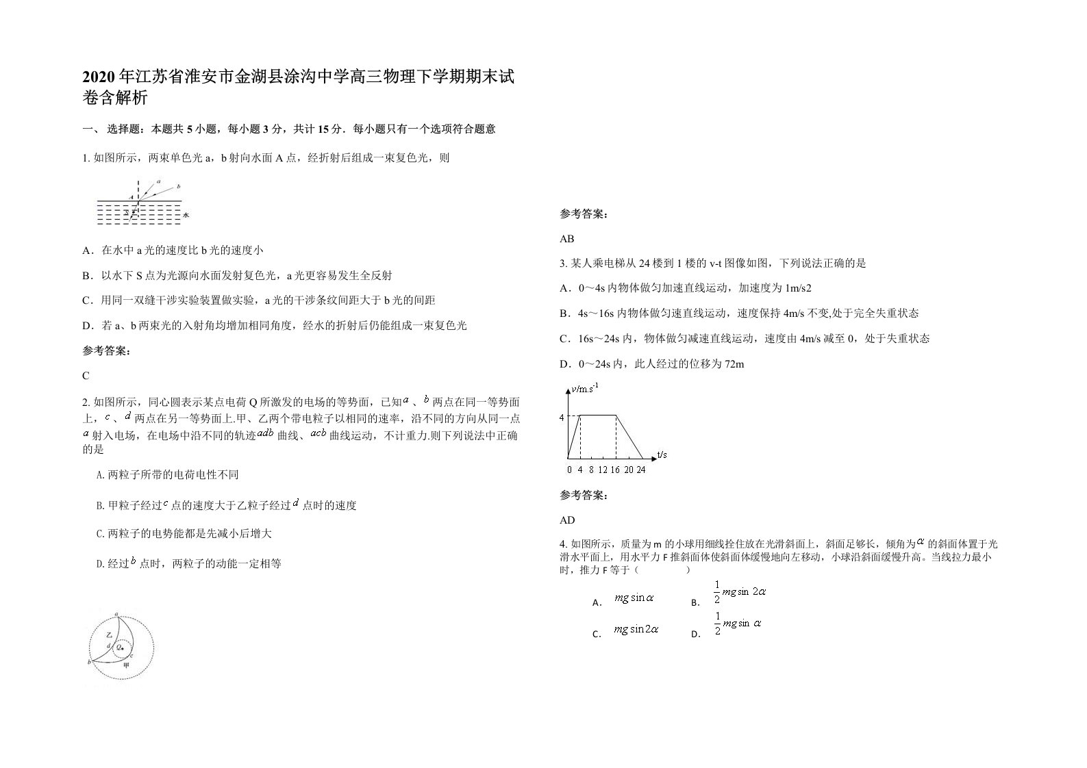 2020年江苏省淮安市金湖县涂沟中学高三物理下学期期末试卷含解析