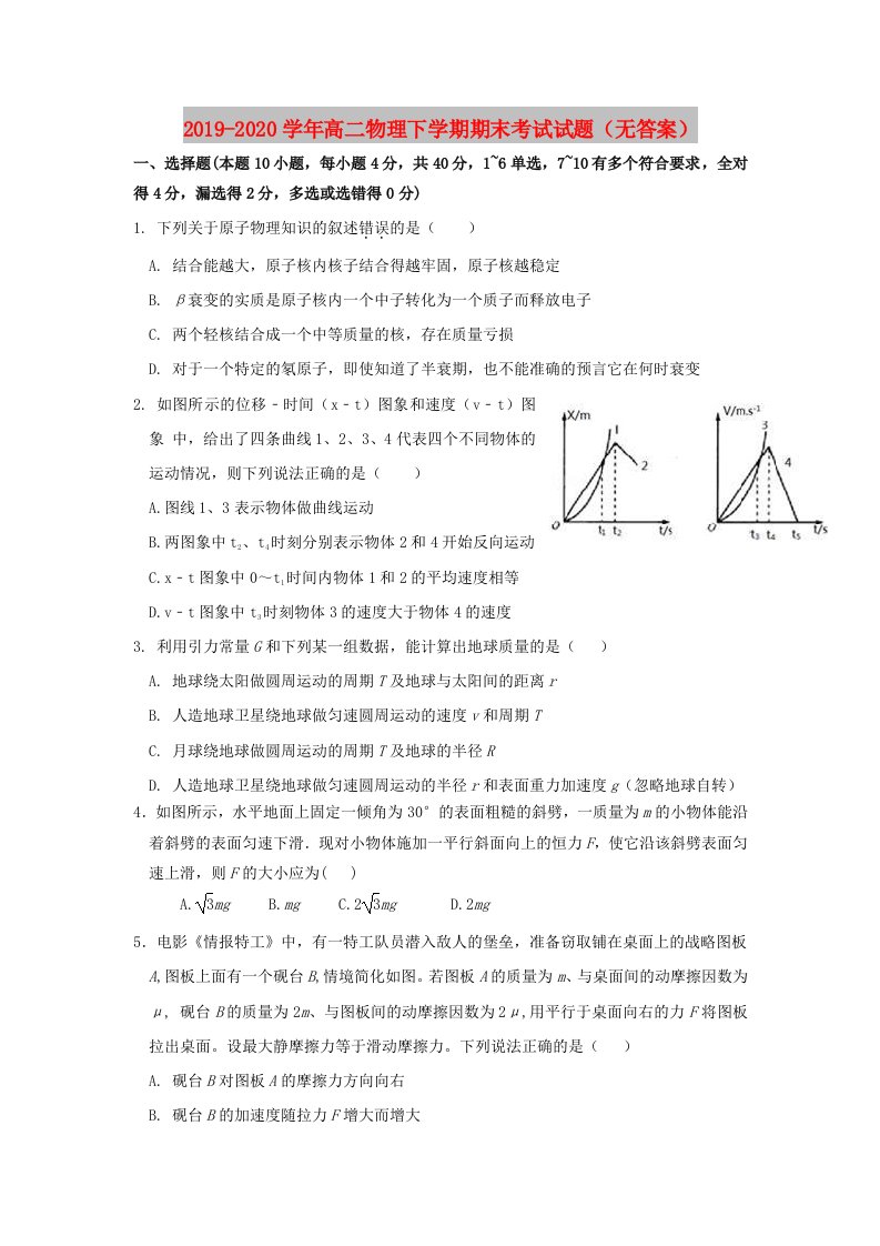 2019-2020学年高二物理下学期期末考试试题（无答案）