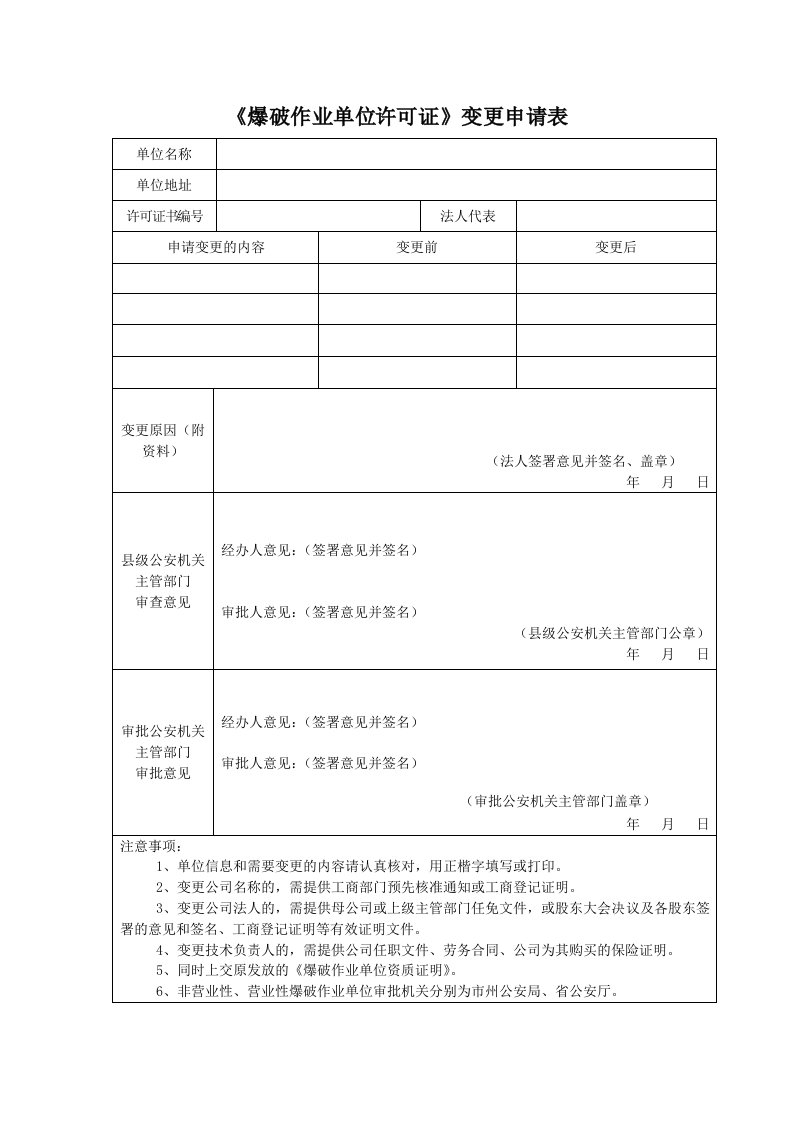 《爆破作业单位许可证》变更申请表