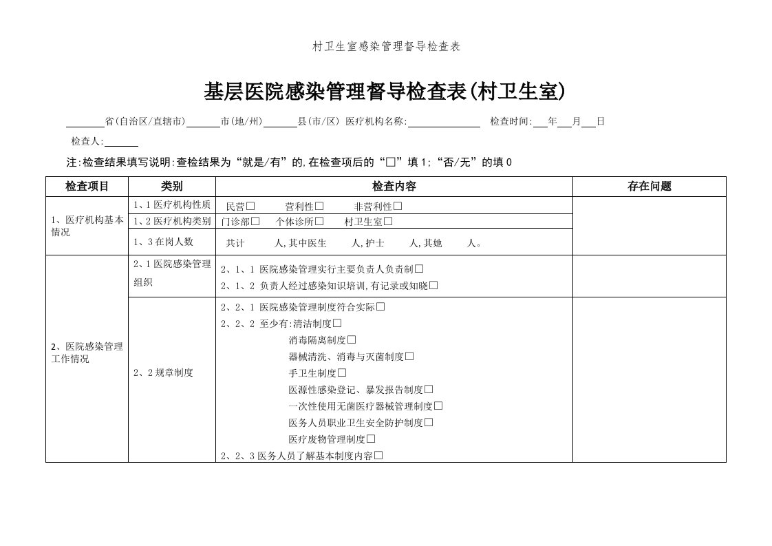 村卫生室感染管理督导检查表