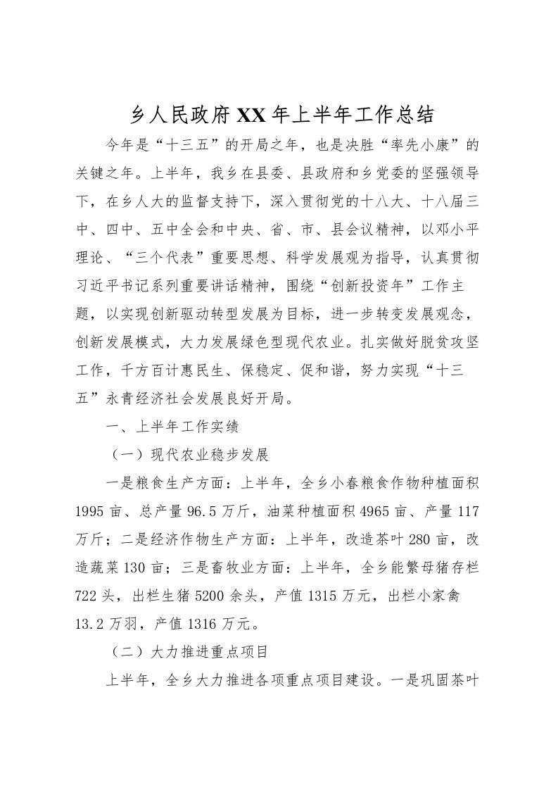 2022乡人民政府年上半年工作总结