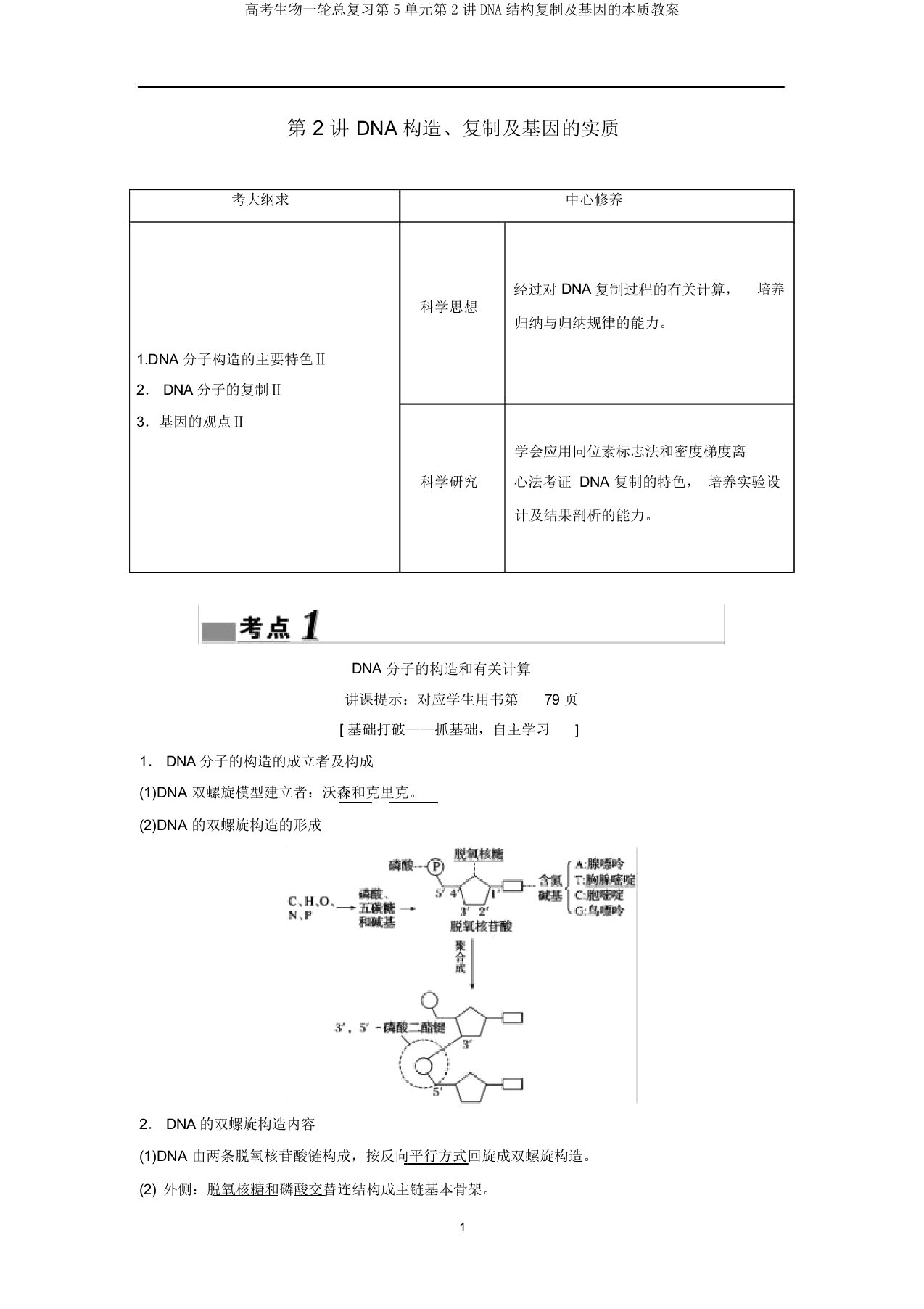 高考生物一轮总复习第5单元第2讲DNA结构复制及基因的本质教案