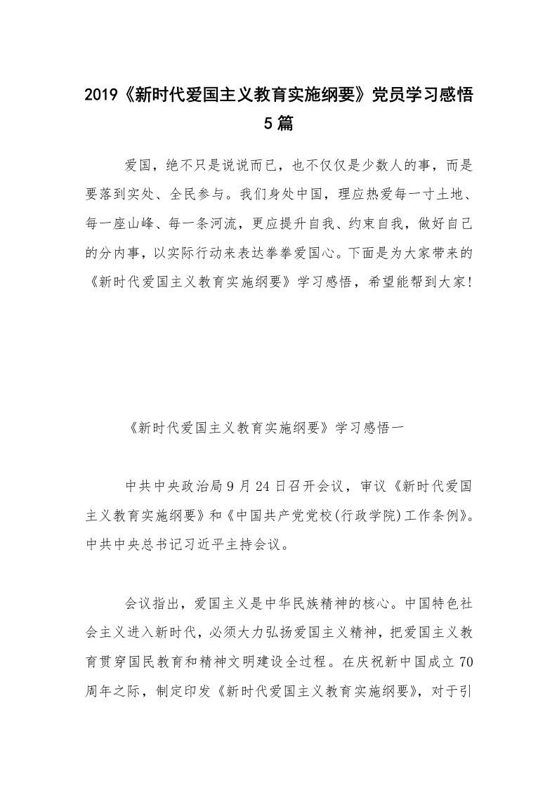 2019《新时代爱国主义教育实施纲要》党员学习感悟5篇