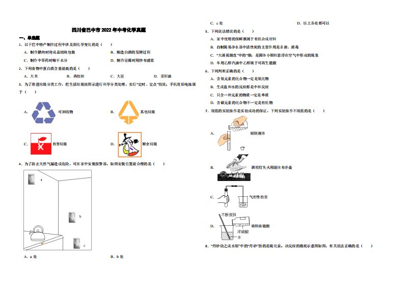 四川省巴中市2022年中考化学真题（附解析）