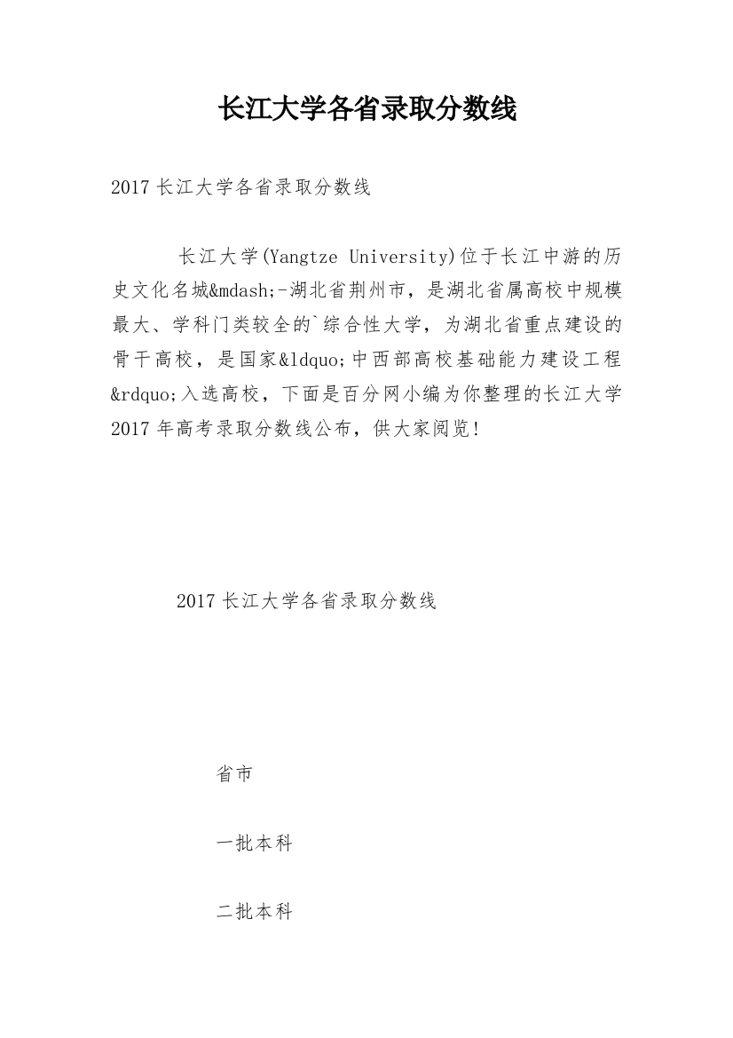 长江大学各省录取分数线