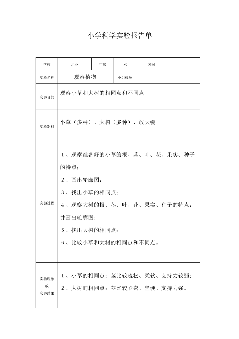 冀教小学六年级科学实验报告