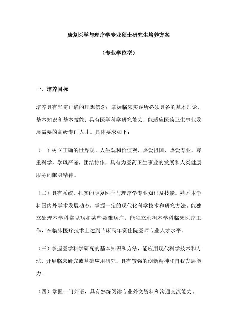 康复医学与理疗学专业硕士研究生培养方案