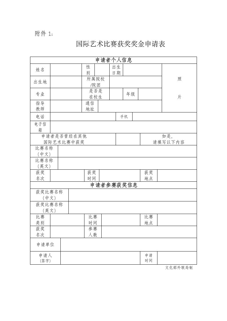 国际艺术比赛获奖奖金申请表