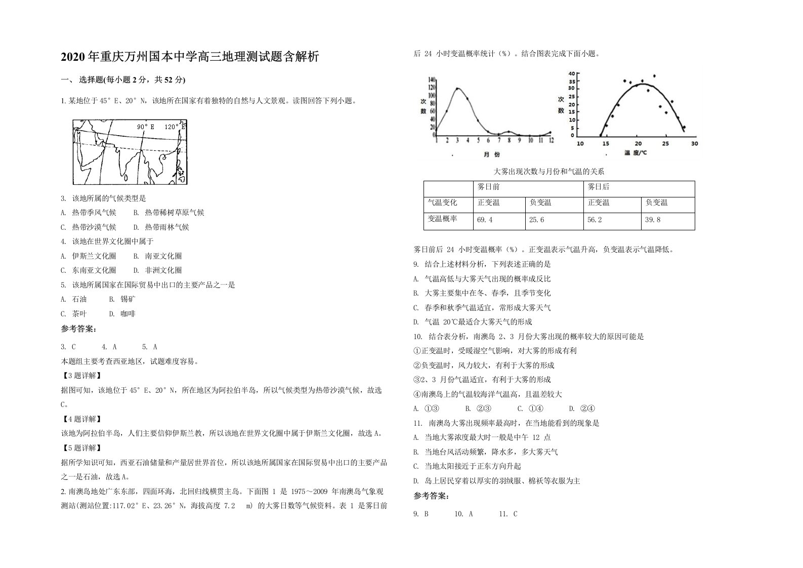 2020年重庆万州国本中学高三地理测试题含解析