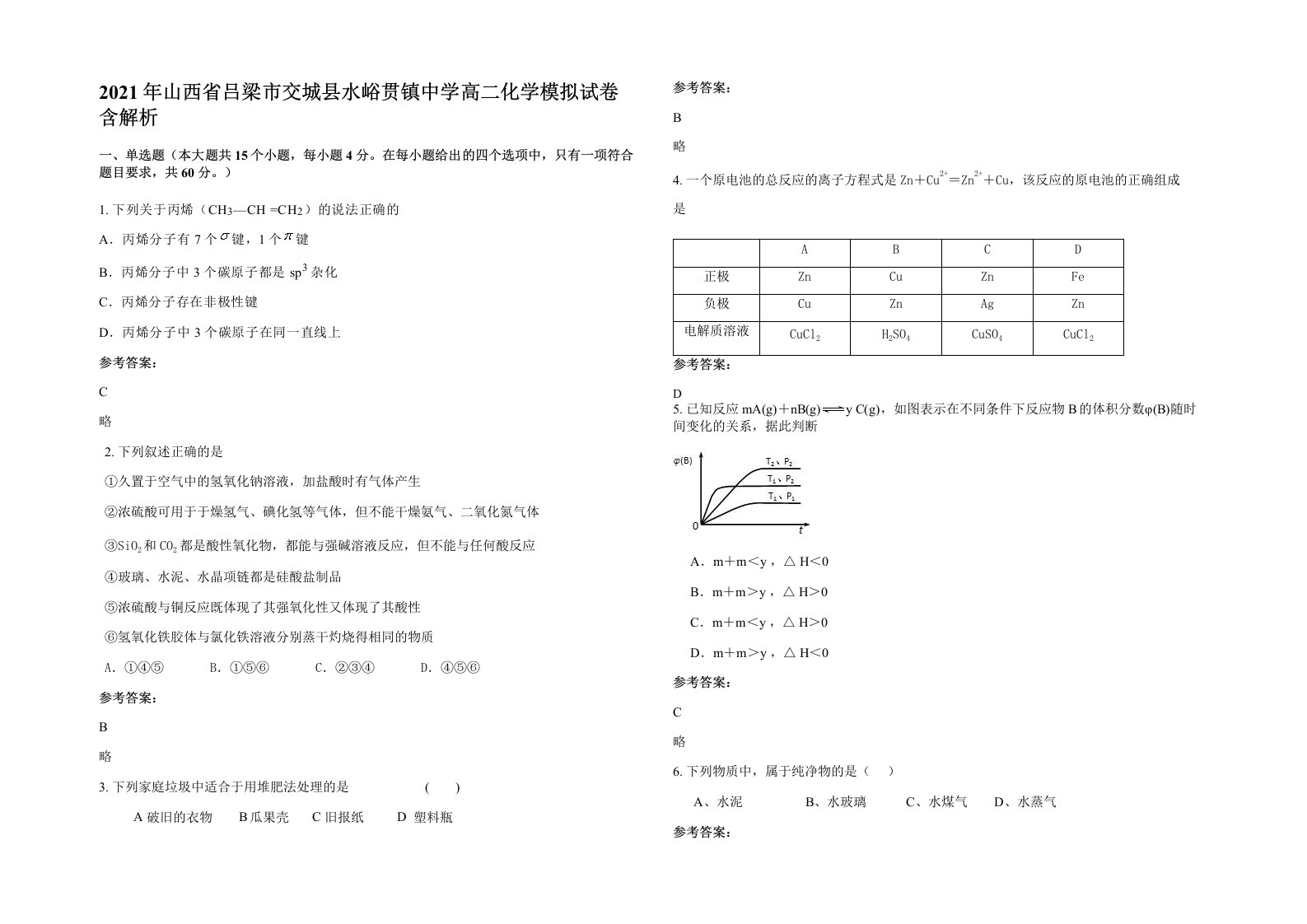 2021年山西省吕梁市交城县水峪贯镇中学高二化学模拟试卷含解析