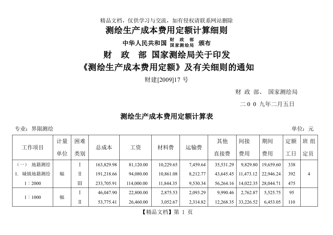 测绘生产成本费用定额计算表