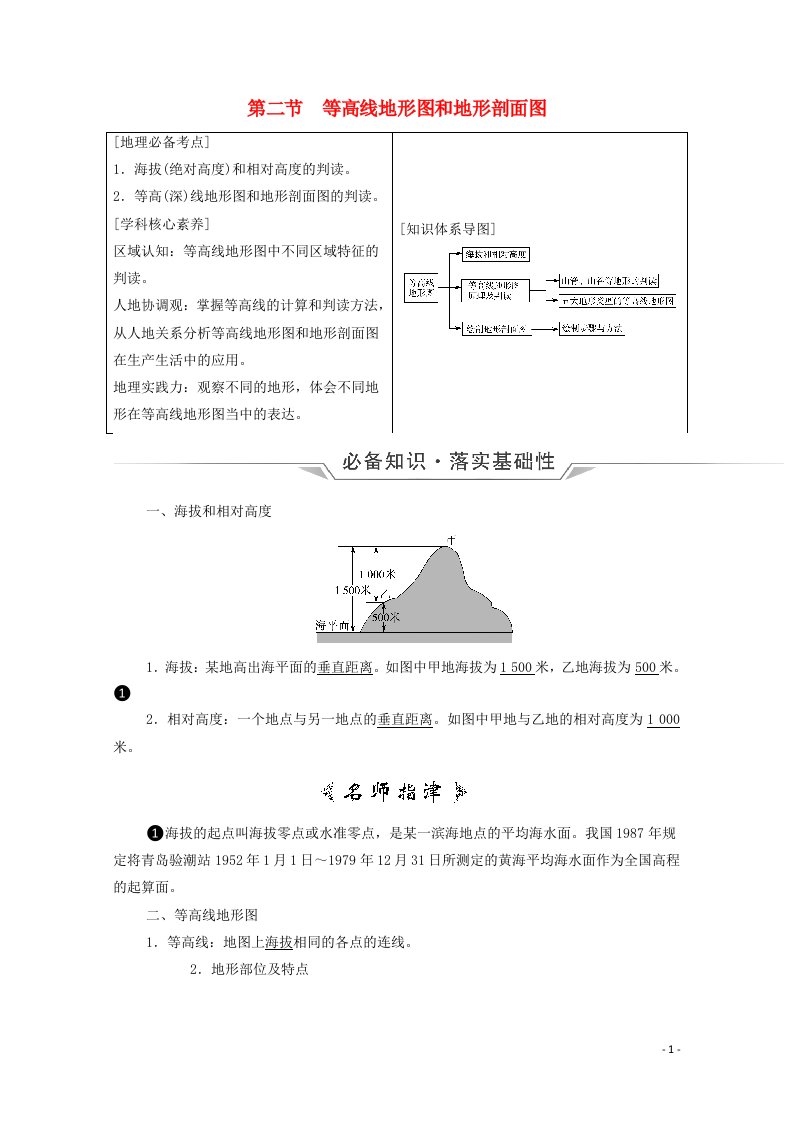 2022版新教材高考地理一轮复习第1单元从宇宙看地球第2节等高线地形图和地形剖面图学案鲁教版20210617120