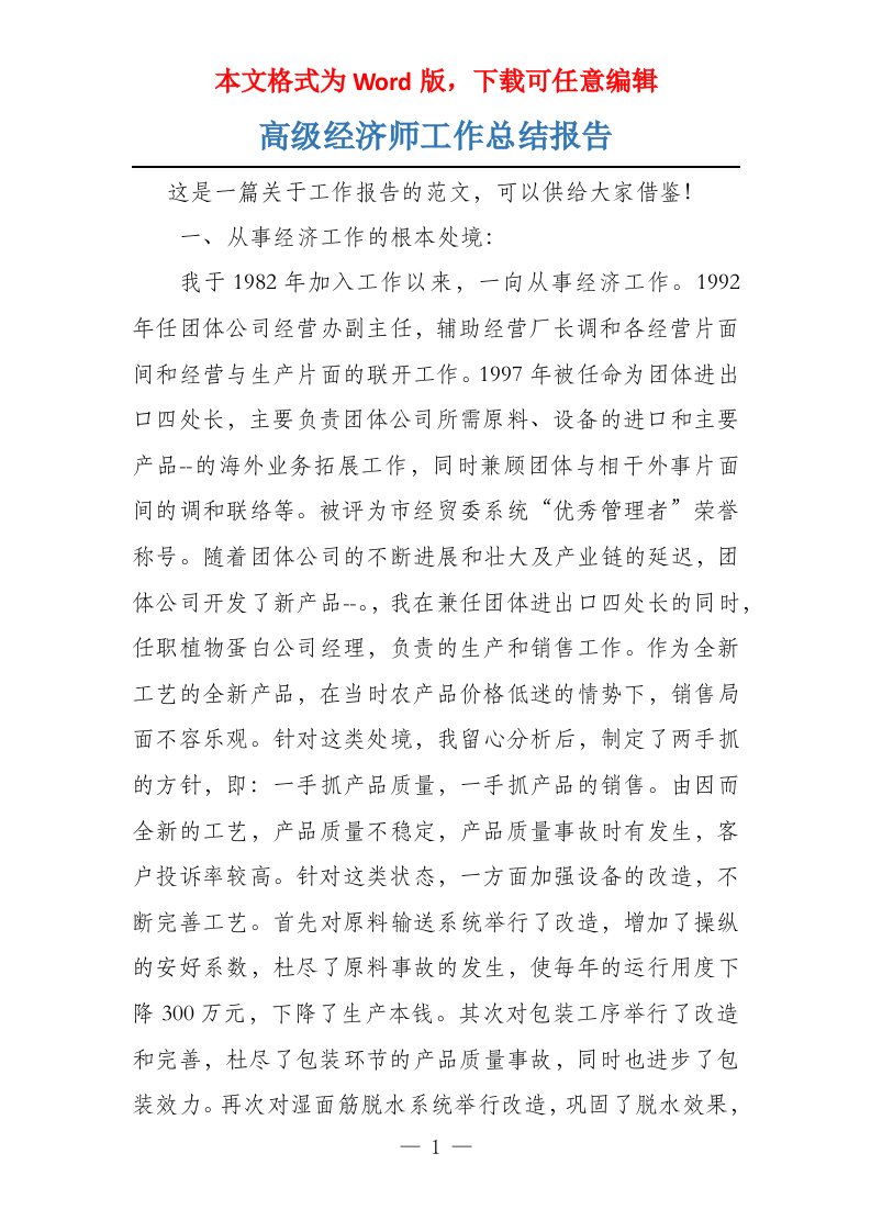 高级经济师工作总结报告