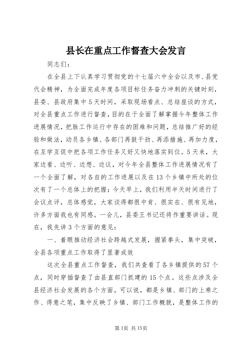 县长在重点工作督查大会发言