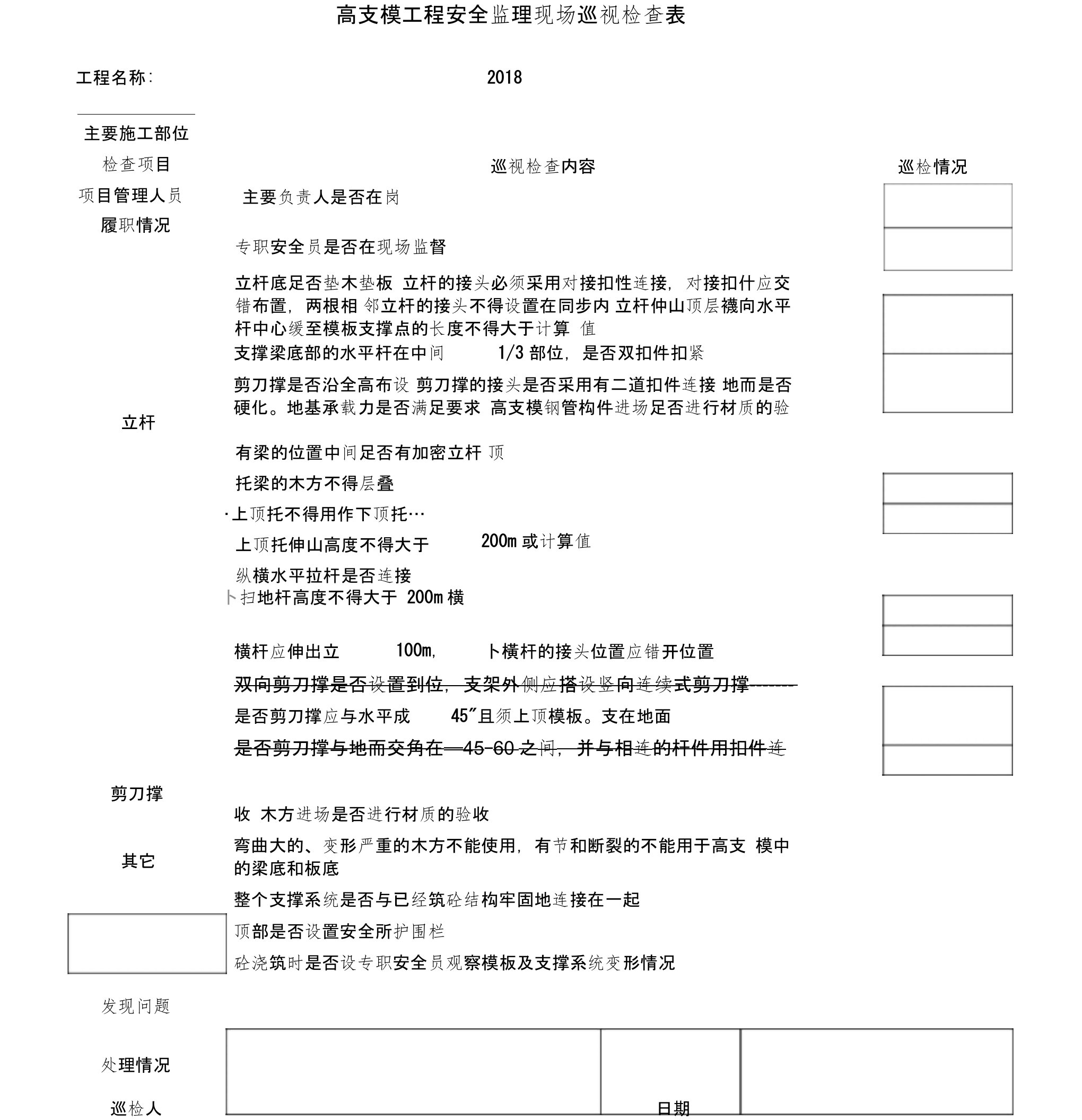 高支模安全监理巡视检查记录表