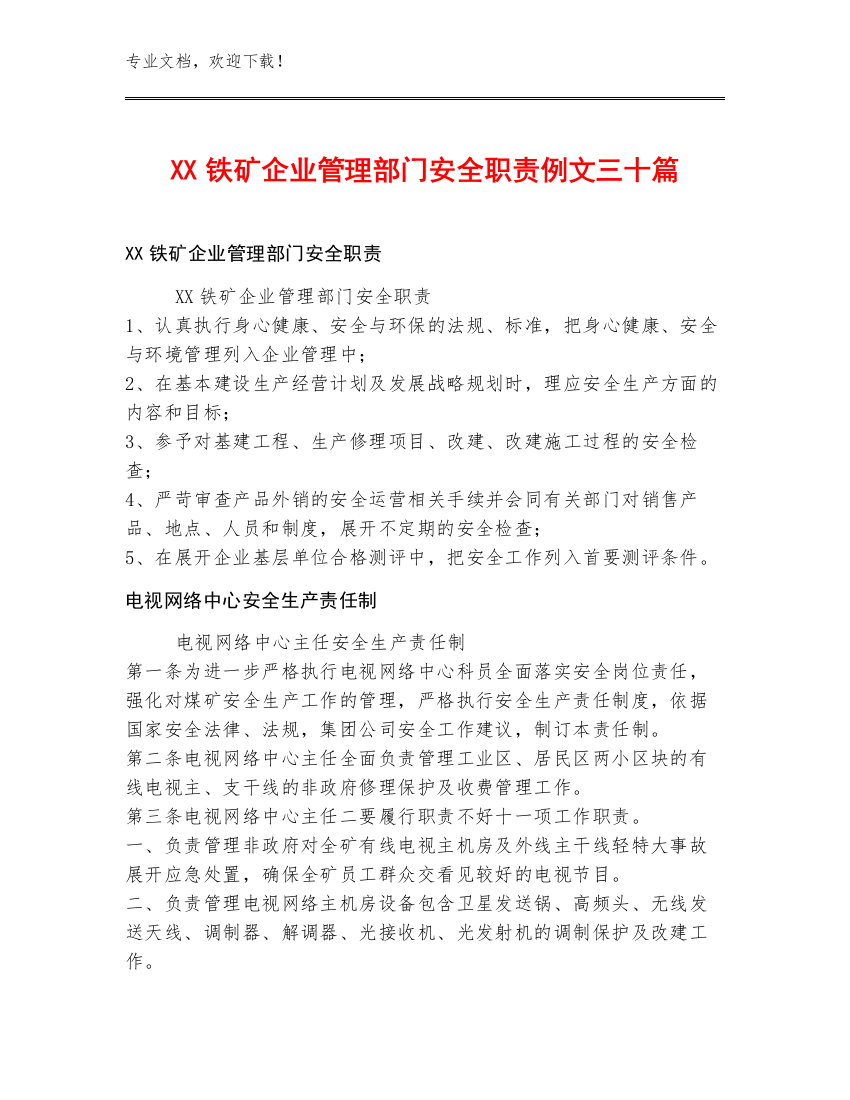 XX铁矿企业管理部门安全职责例文三十篇