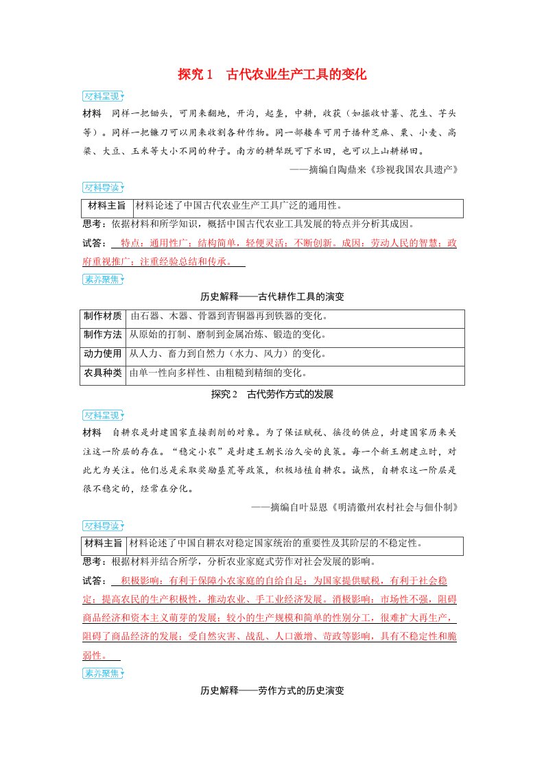 备考2024届高考历史一轮复习素养聚焦第二十一单元生产工具与劳作方式第53讲古代的生产工具与劳作