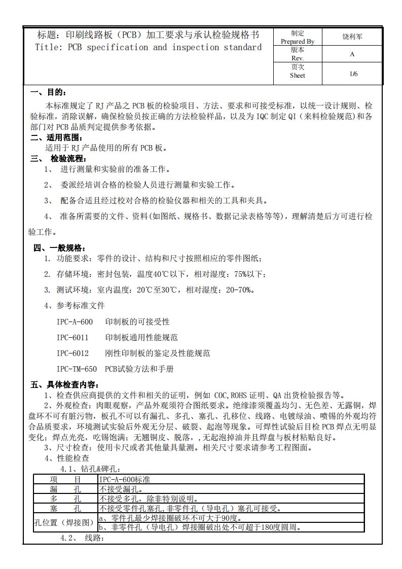 印刷线路板(PCB)加工要求与承认检验规格书