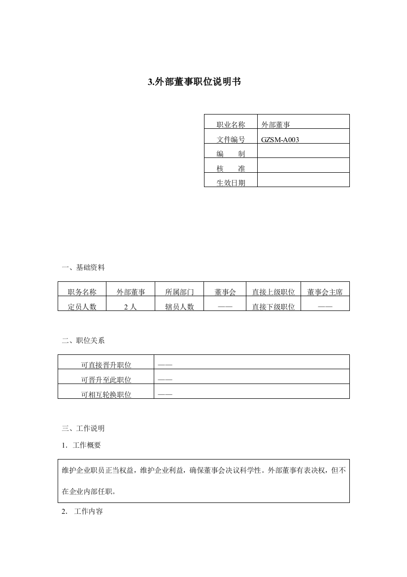 外部董事岗位说明书样本