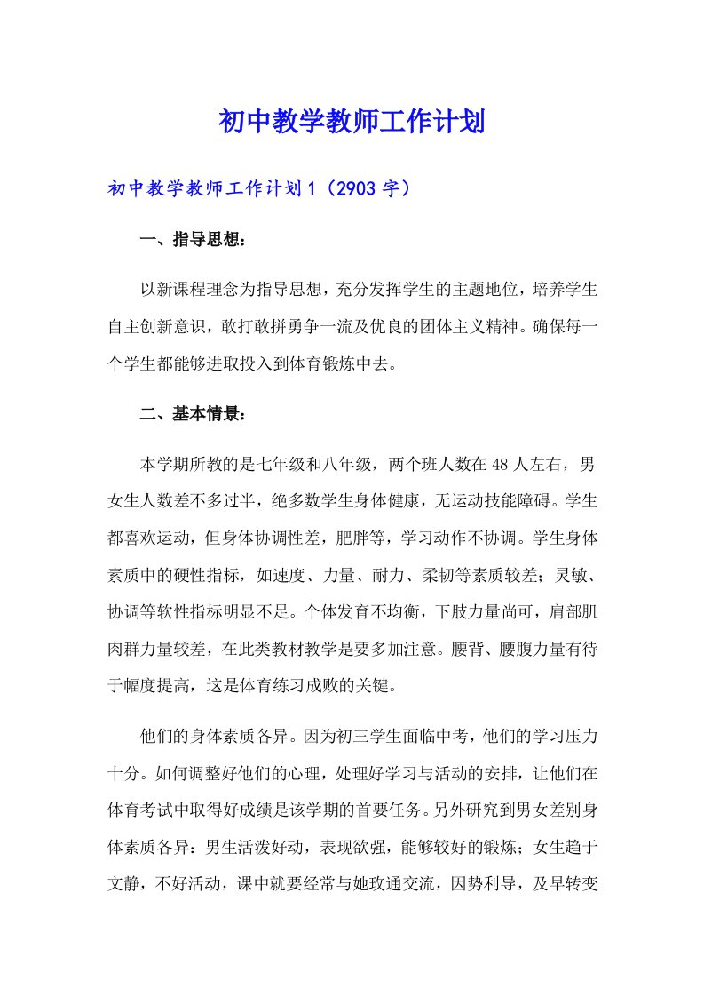 初中教学教师工作计划