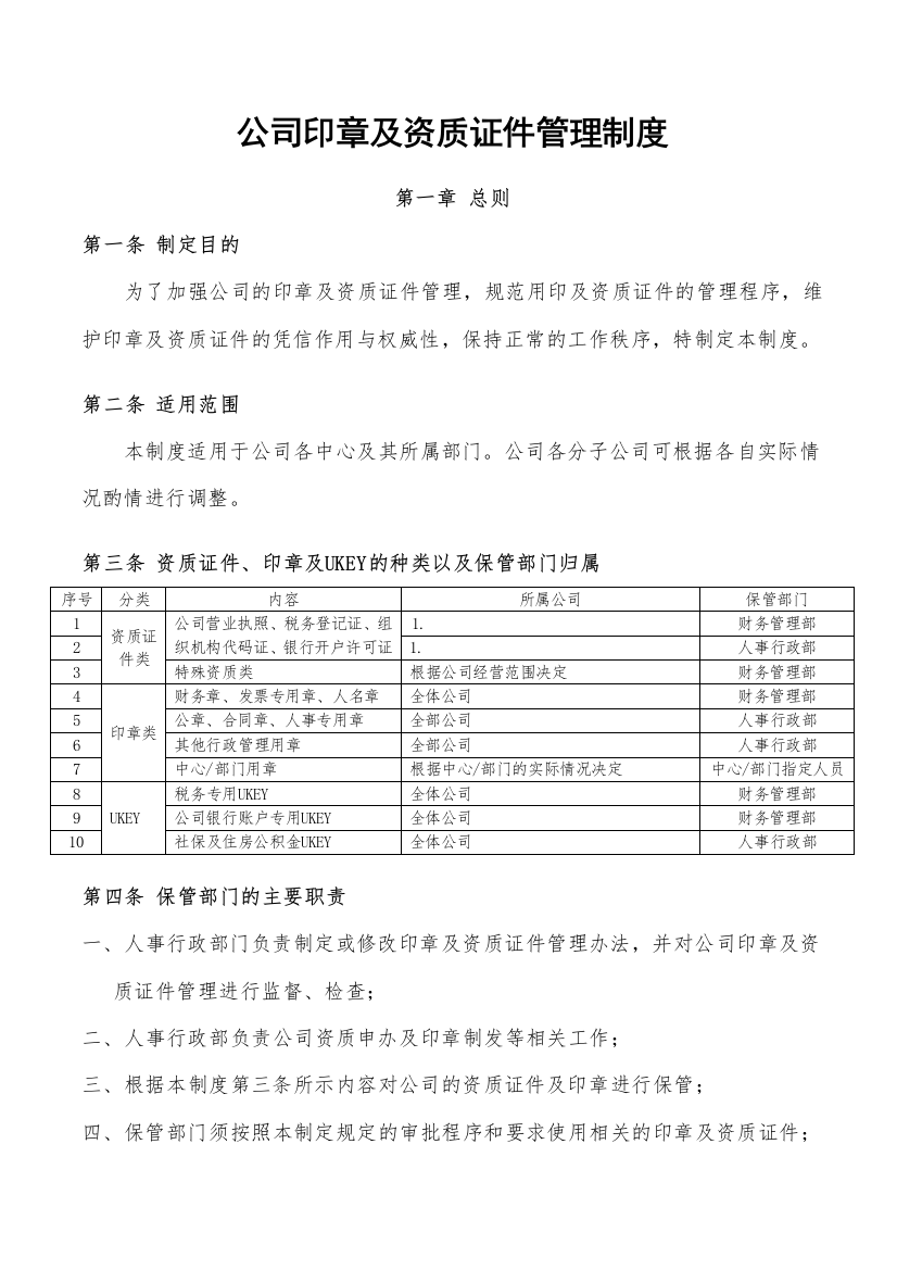 公司资质证件及印章管理规定