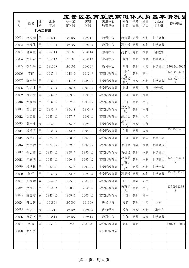 宝安区教育系统离退休人员基本情况登记表
