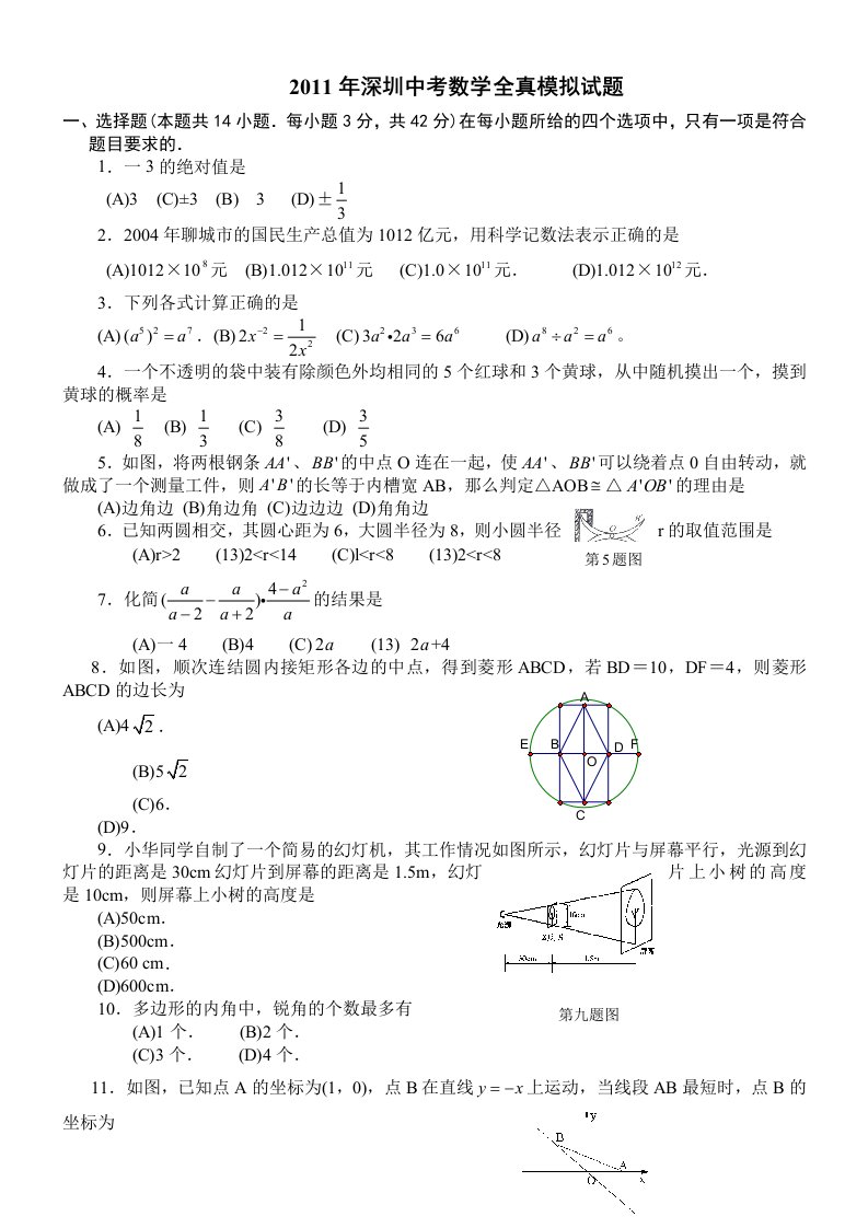 2011年广东深圳中考数学全真模拟试题