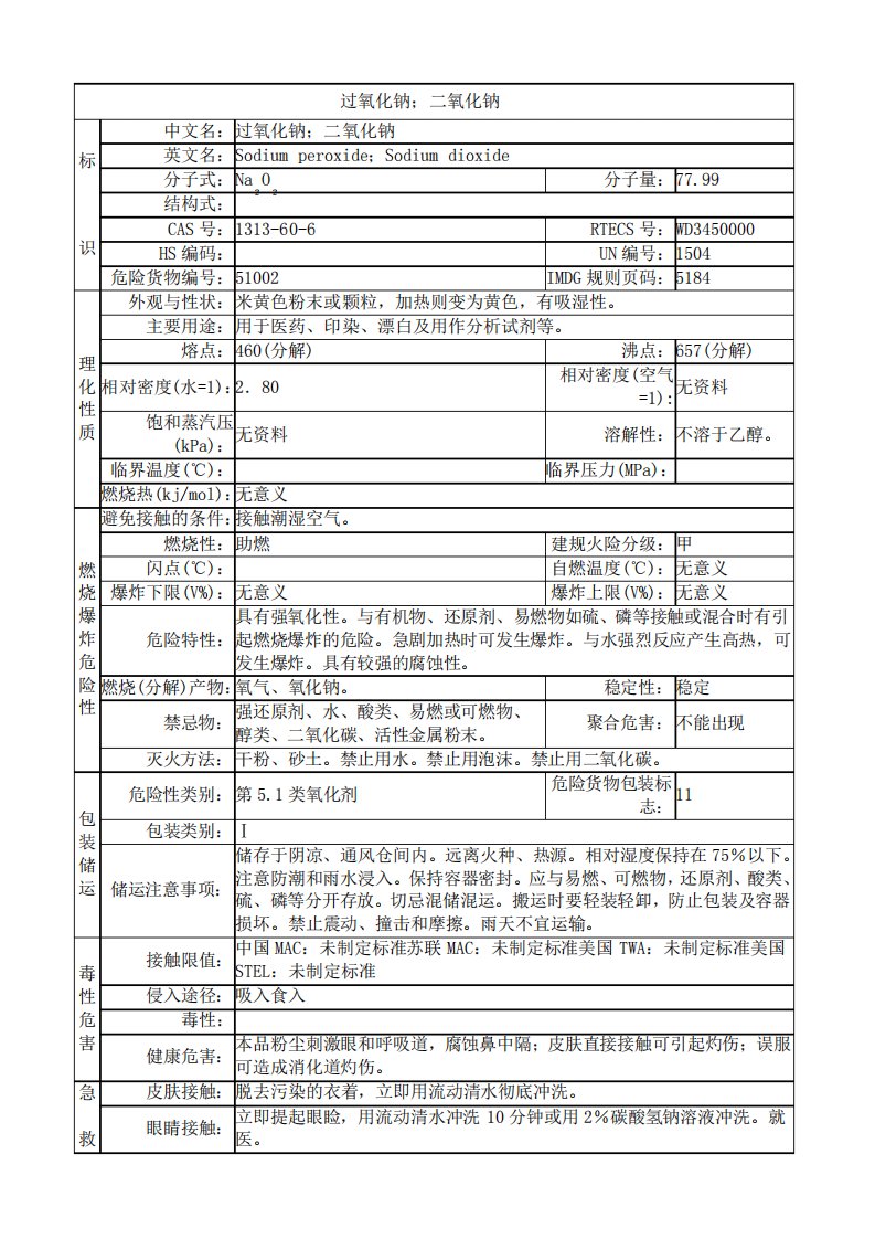 过氧化钠安全技术说明书