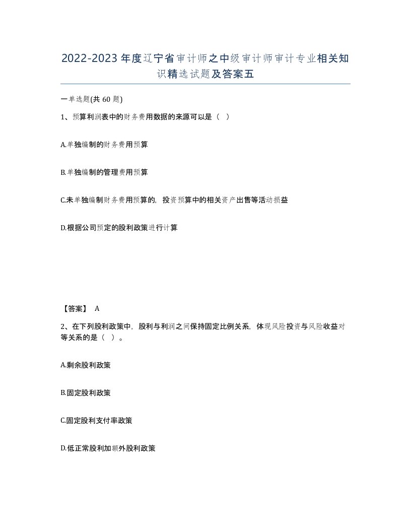 2022-2023年度辽宁省审计师之中级审计师审计专业相关知识试题及答案五