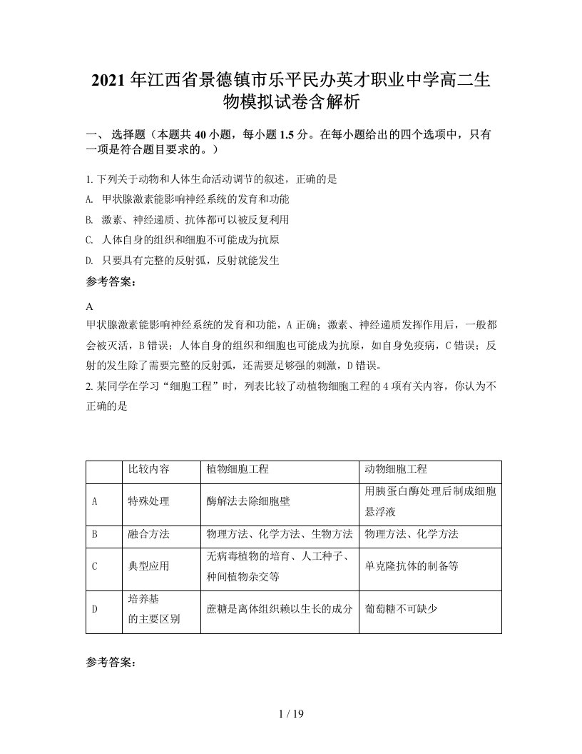 2021年江西省景德镇市乐平民办英才职业中学高二生物模拟试卷含解析