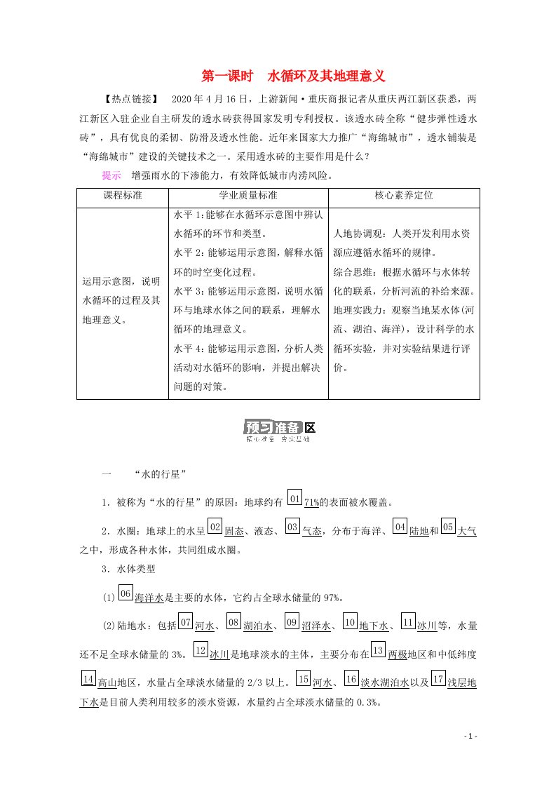 2020_2021学年新教材高中地理第四章地球上的水第1节第1课时水循环及其地理意义学案湘教版必修1