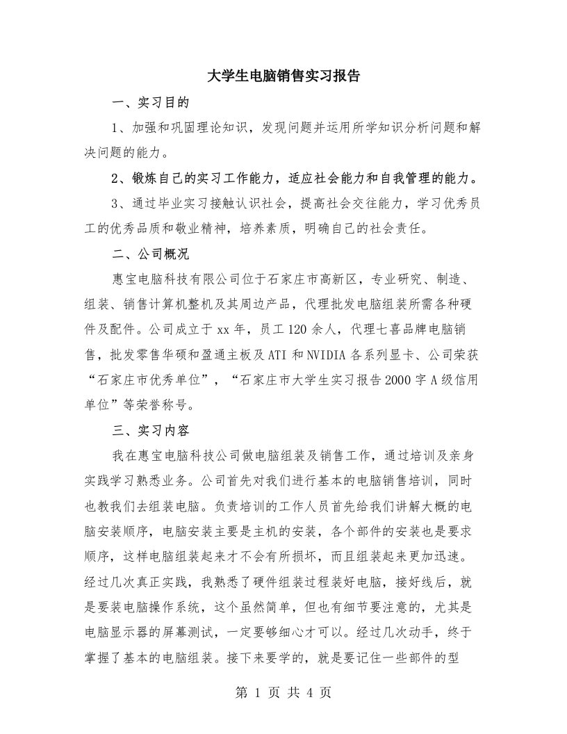 大学生电脑销售实习报告