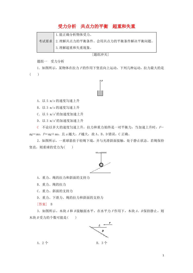 2022届新教材高考生物一轮复习过关练9受力分析共点力的平衡超重和失重含解析