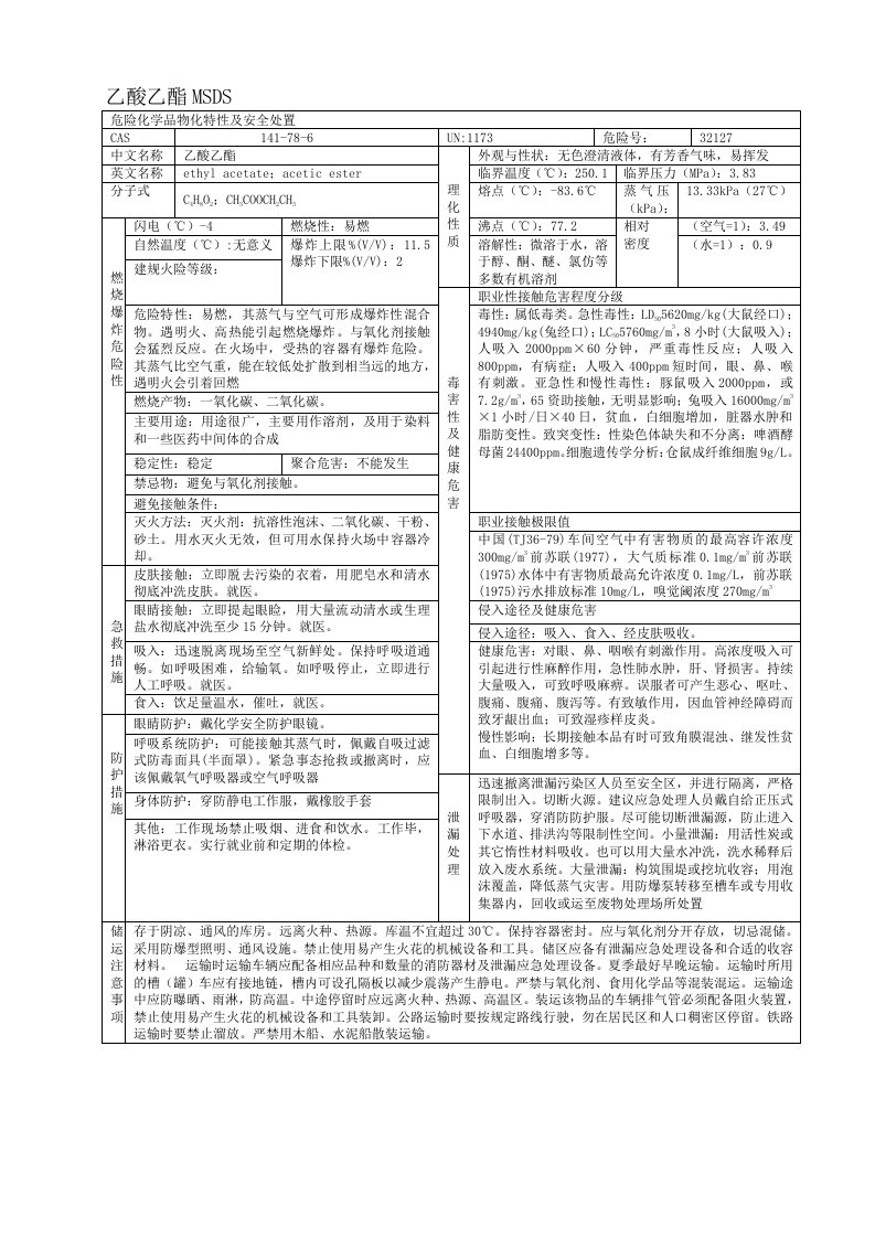 乙酸乙酯MSDS