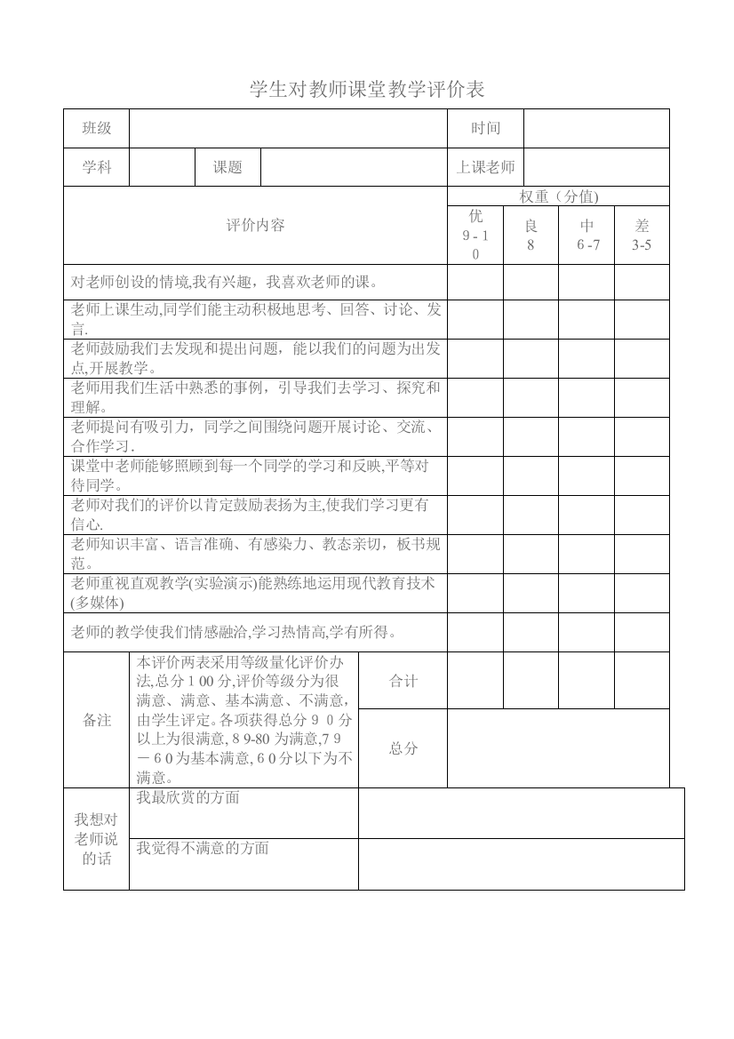 学生对老师的打分表