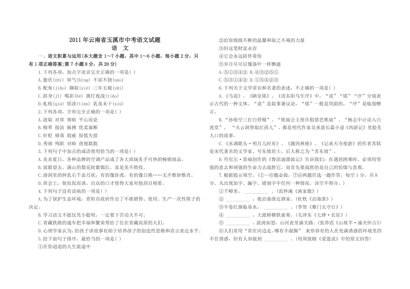 2011年云南省玉溪市中考语文试题