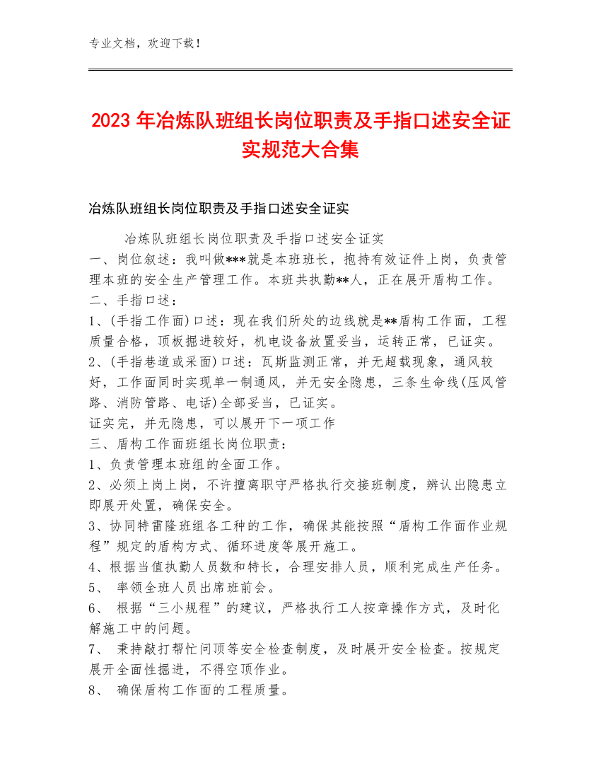 2023年冶炼队班组长岗位职责及手指口述安全证实规范大合集