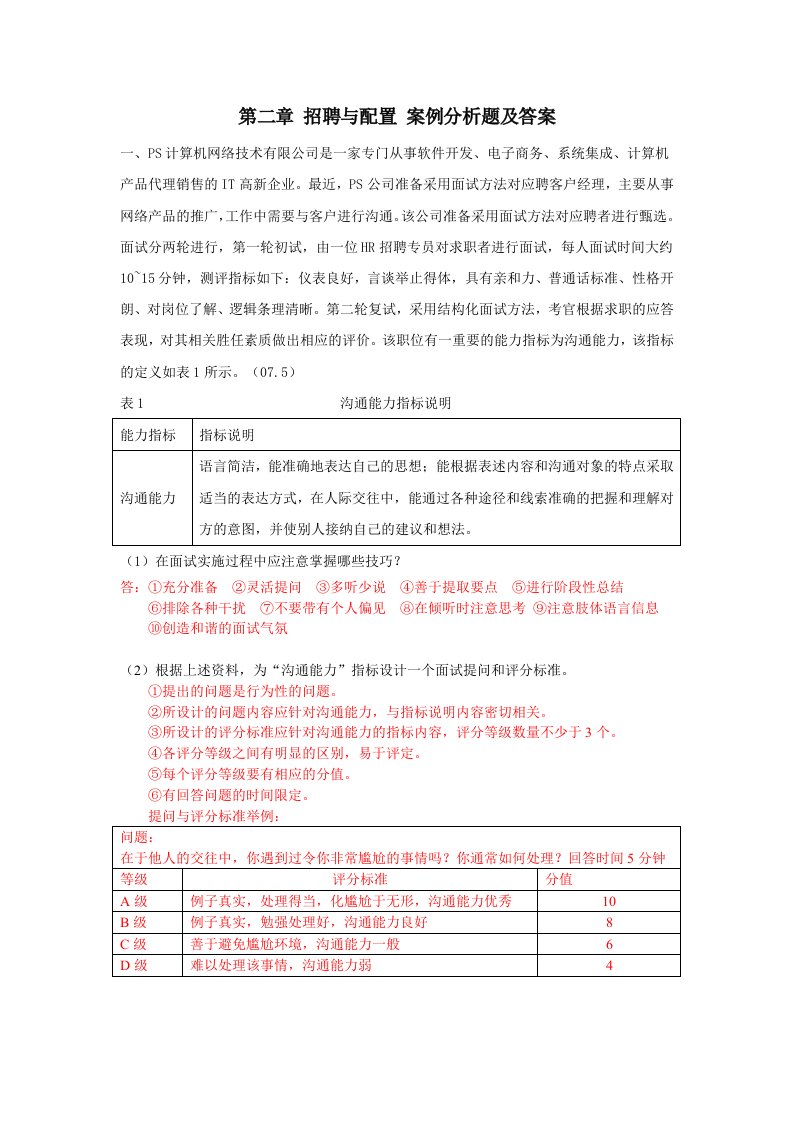 人力资源级第二章招聘与配置案例分析题及答案