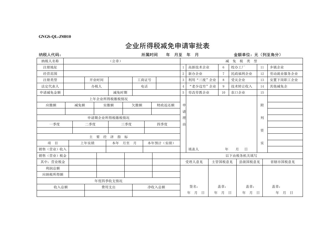 企业所得税减免申请表