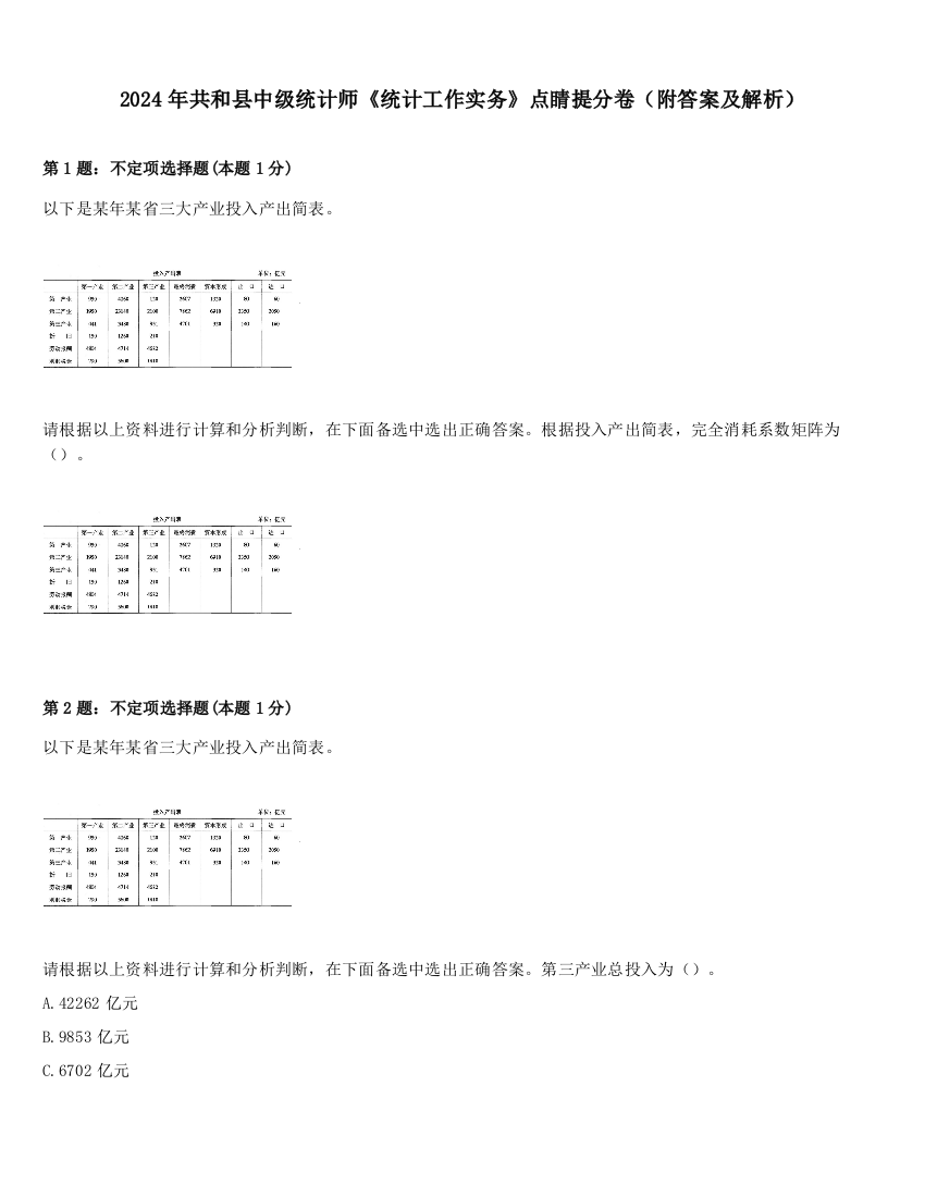 2024年共和县中级统计师《统计工作实务》点睛提分卷（附答案及解析）