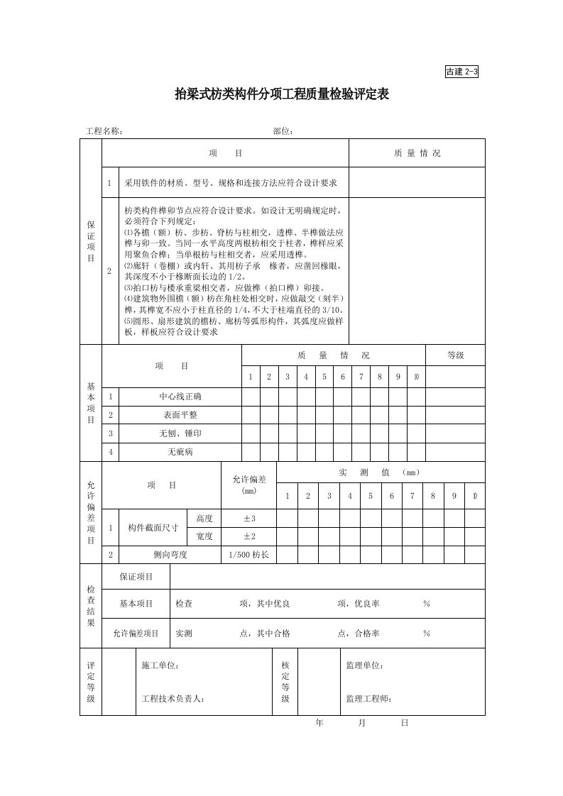 建筑工程-古建23抬梁式枋类构件分项工程质量检验评定表