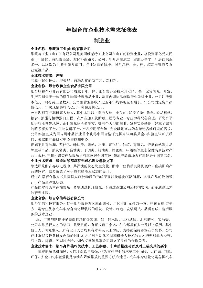 烟台市企业技术需求征集表