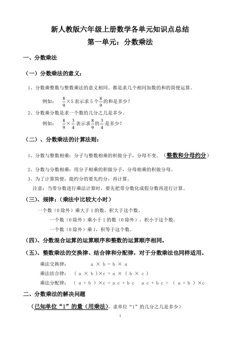 新人教版六年级上册数学重要章节知识点归纳总结